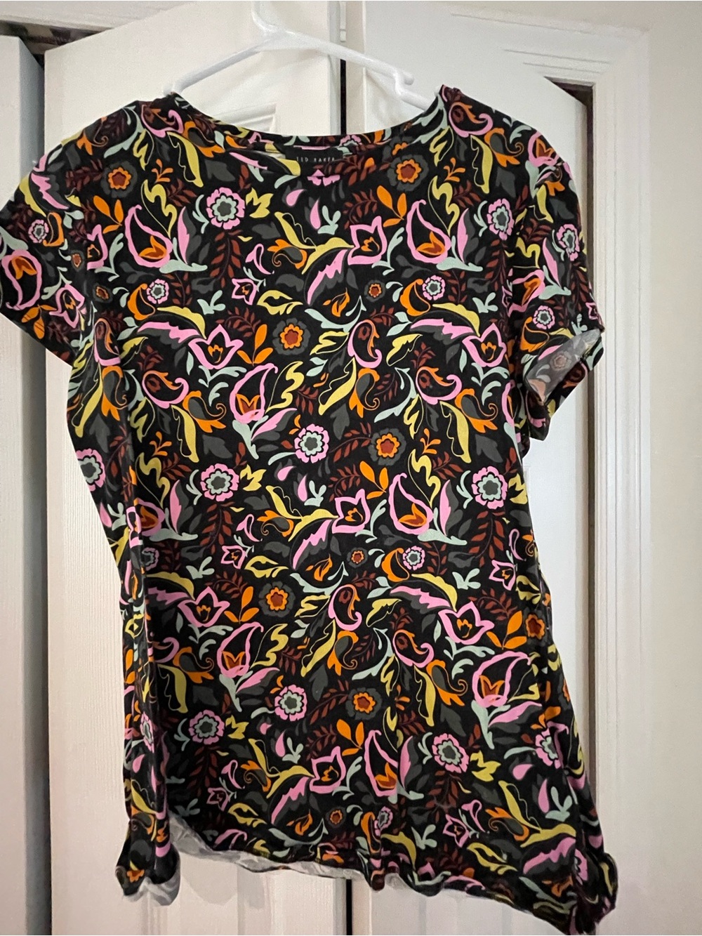 Ted Baker Short Sleeve Floral Top in Black with Pink & Yellow Motif